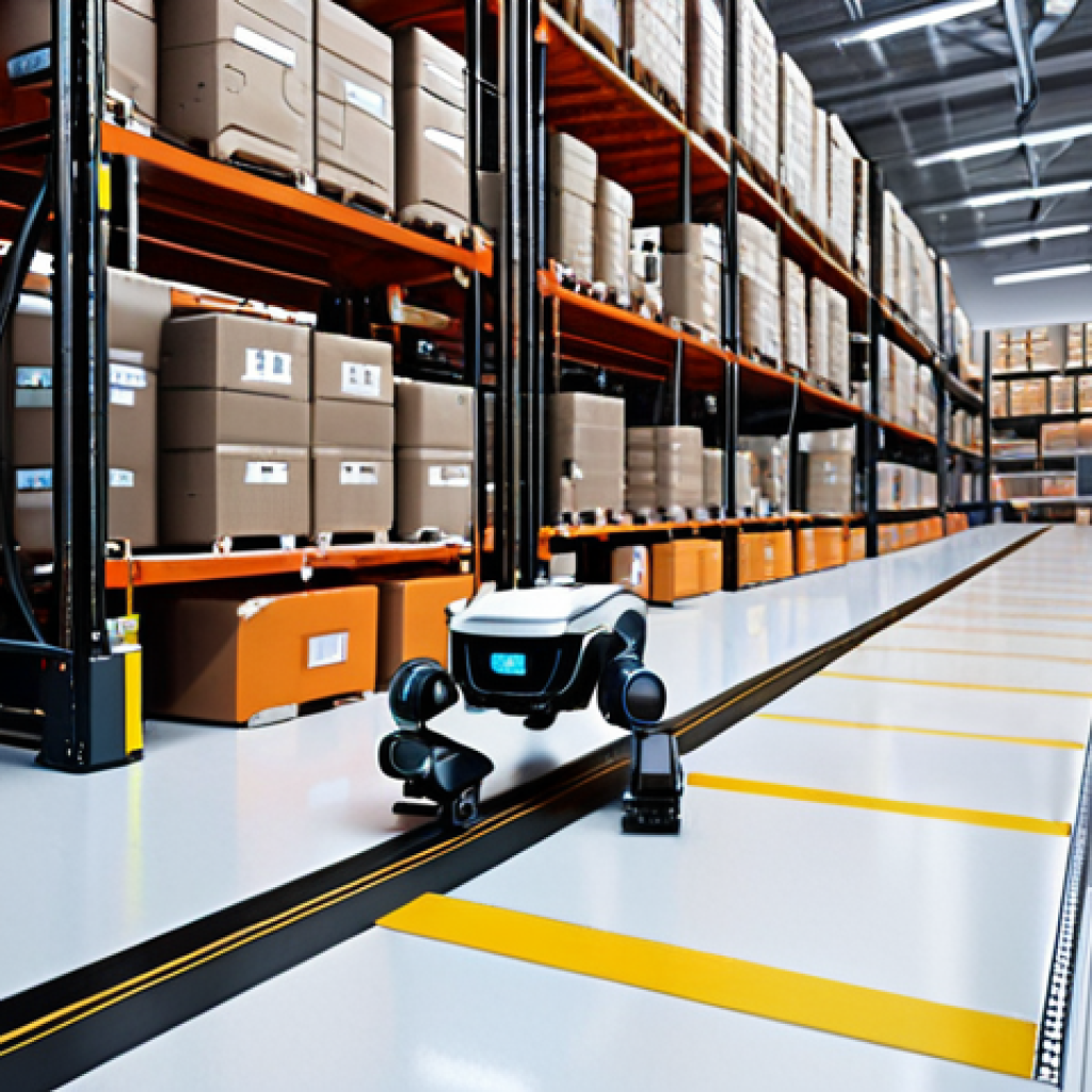 **
A futuristic warehouse scene. Autonomous robots, using cameras and LiDAR, navigate efficiently through crowded aisles, seamlessly picking and placing items. The focus is on the robot's sophisticated sensor suite and precise movement.
**