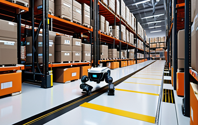 **
A futuristic warehouse scene. Autonomous robots, using cameras and LiDAR, navigate efficiently through crowded aisles, seamlessly picking and placing items. The focus is on the robot's sophisticated sensor suite and precise movement.
**