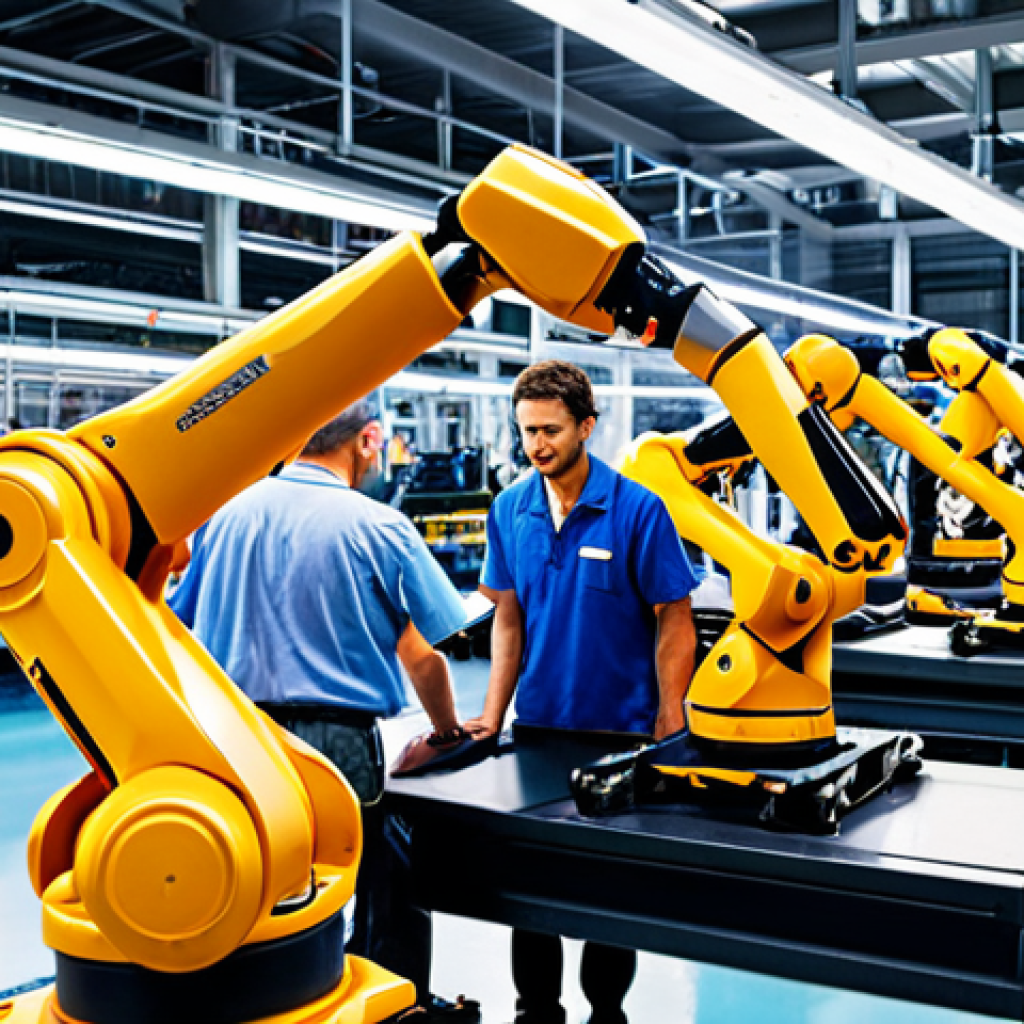 **
A modern automotive factory scene. Workers wearing exoskeletons collaborate with collaborative robots (cobots) on an assembly line. The focus is on the harmony between humans and machines, highlighting safety and reduced physical strain. The factory is brightly lit and clean, showcasing a positive and efficient work environment. Include elements like robotic arms, car chassis components, and safety equipment.
**