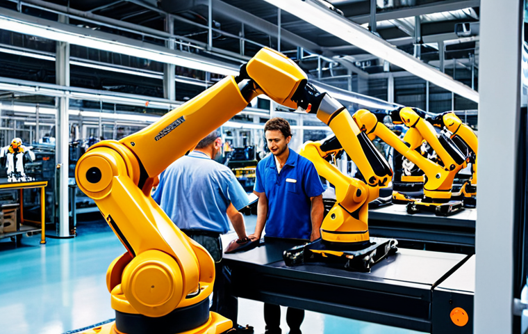 **
A modern automotive factory scene. Workers wearing exoskeletons collaborate with collaborative robots (cobots) on an assembly line. The focus is on the harmony between humans and machines, highlighting safety and reduced physical strain. The factory is brightly lit and clean, showcasing a positive and efficient work environment. Include elements like robotic arms, car chassis components, and safety equipment.
**