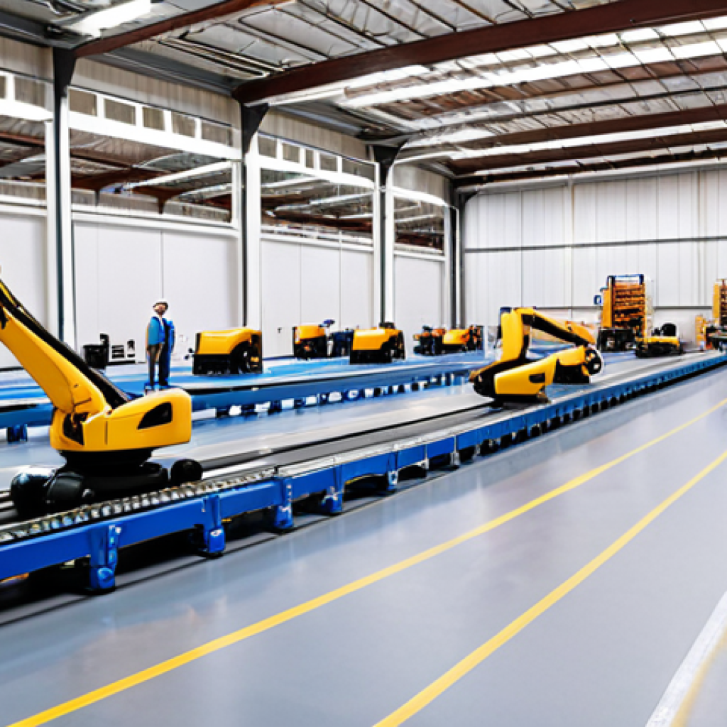 **
"A modern, brightly lit logistics warehouse in France. Cobots are working alongside human employees, assisting with tasks like assembling car parts. Conveyor belts move efficiently in the background. The scene emphasizes collaboration and advanced technology. Focus on showcasing the harmonious interaction between robots and humans in a clean, organized setting."
**
