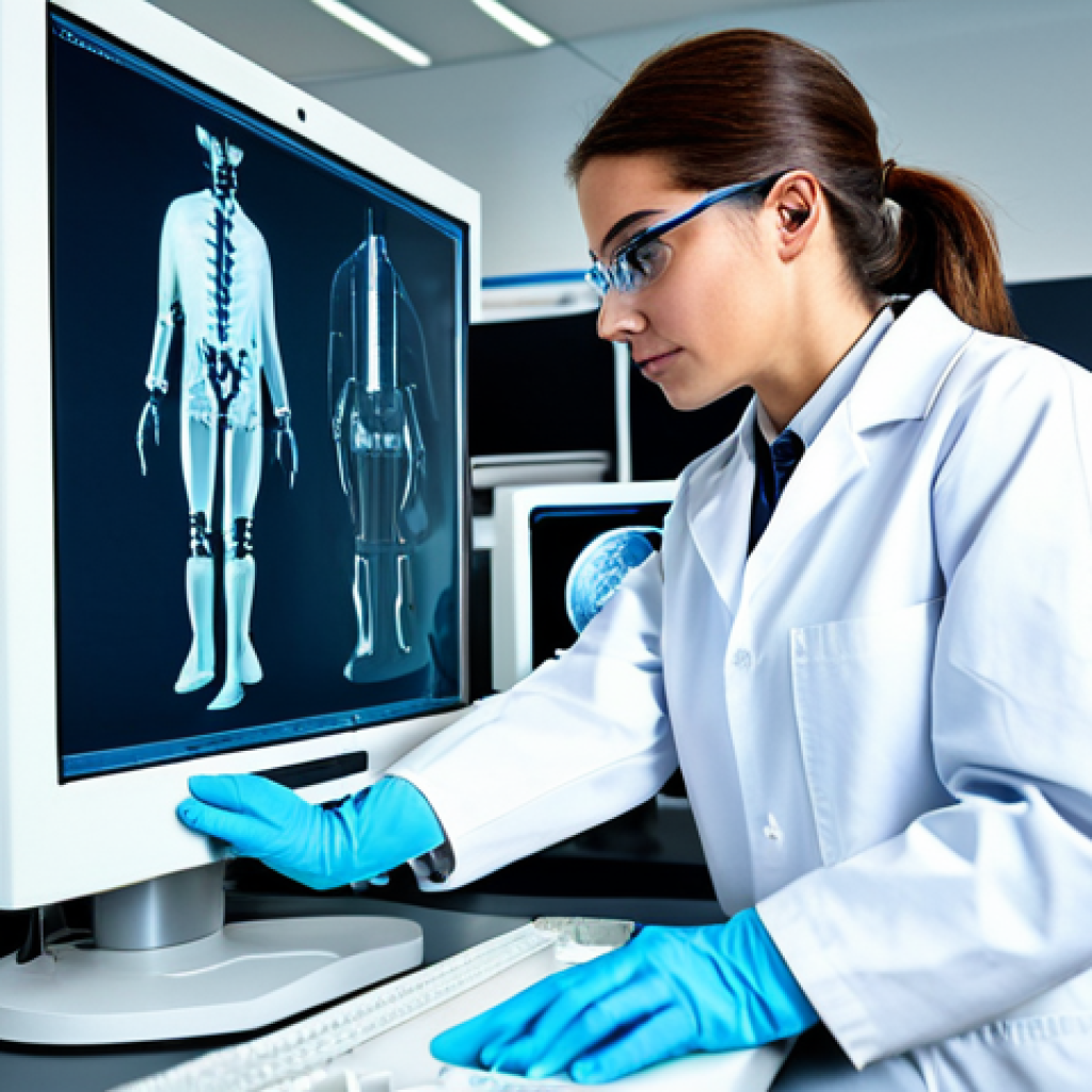 **
"A female researcher in a clean, modern laboratory, wearing a lab coat and safety glasses, examining a microscopic robotic device on a computer screen, fully clothed, appropriate attire, safe for work, perfect anatomy, natural proportions, professional photograph, high quality, focus on technological advancement in medicine, modest setting, family-friendly."
**