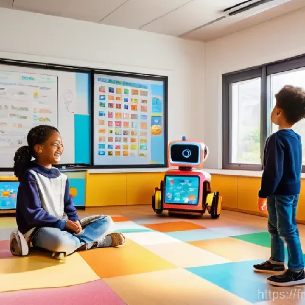 로봇을 활용한 교육 혁신 - **Prompt:** A vibrant, sunlit classroom bustling with diverse children aged 8-12, all dressed in cle...