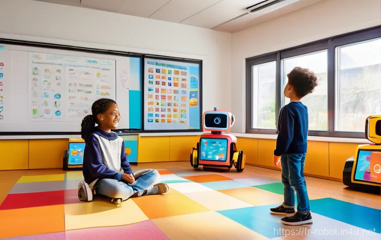 로봇을 활용한 교육 혁신 - **Prompt:** A vibrant, sunlit classroom bustling with diverse children aged 8-12, all dressed in cle...