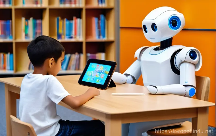 로봇을 활용한 교육 혁신 - **Prompt:** A vibrant, sunlit classroom bustling with diverse children aged 8-12, all dressed in cle...