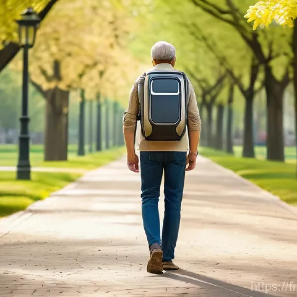 로봇이 적용된 장애인 보조 기술 - **"A confident adult, visibly empowered, walking gracefully outdoors in a park on a sunny day. They ...