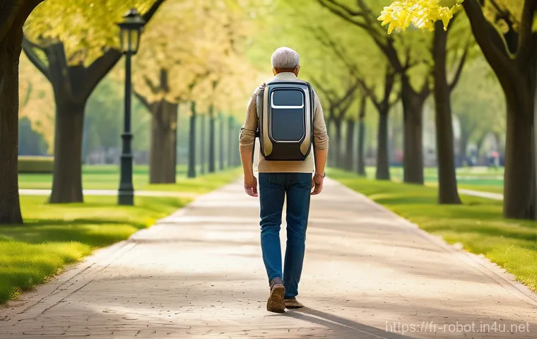 로봇이 적용된 장애인 보조 기술 - **"A confident adult, visibly empowered, walking gracefully outdoors in a park on a sunny day. They ...
