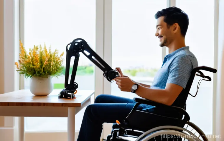 로봇이 적용된 장애인 보조 기술 - **"A confident adult, visibly empowered, walking gracefully outdoors in a park on a sunny day. They ...