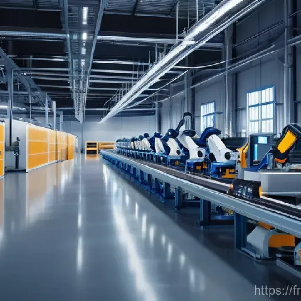 로봇이 개발하는 미래 공장 - **Prompt:** A vibrant, ultra-modern smart factory floor at dawn, showcasing a seamlessly integrated ...