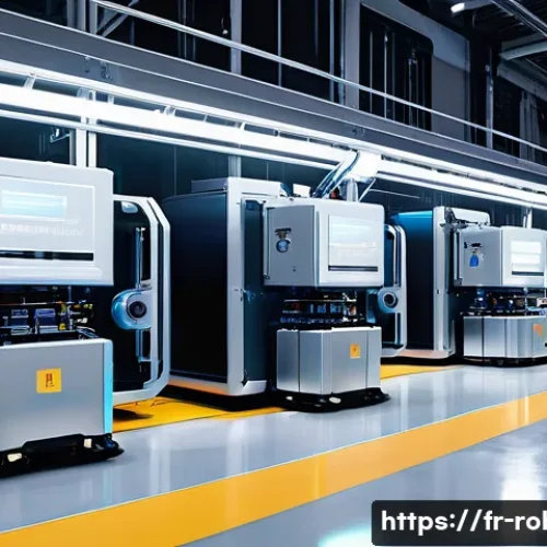 Home 13 로봇 배터리 기술 - **Prompt: "A dynamic, high-tech automated warehouse scene at night. Industrial robots with sleek, me...