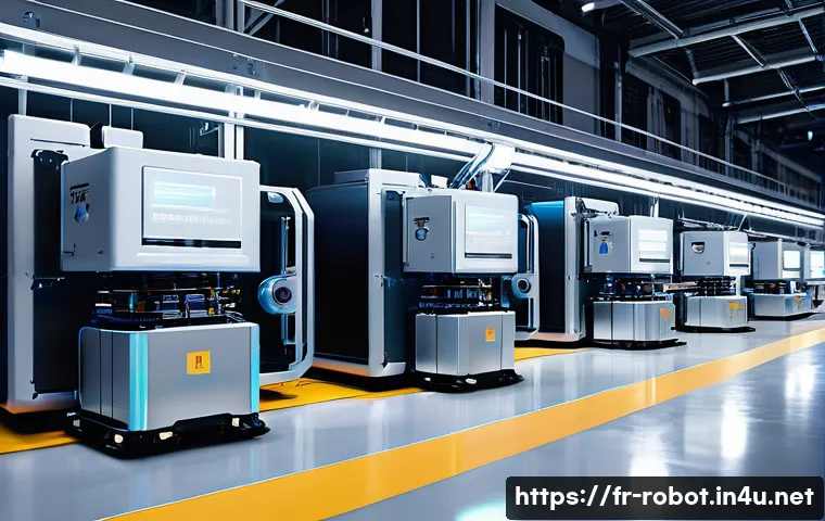 로봇 배터리 기술 - **Prompt: "A dynamic, high-tech automated warehouse scene at night. Industrial robots with sleek, me...