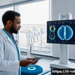 로봇 인공지능 - A modern French healthcare clinic scene showing an advanced AI-assisted diagnostic room: a diverse m...