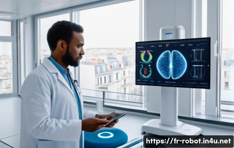 로봇 인공지능 - A modern French healthcare clinic scene showing an advanced AI-assisted diagnostic room: a diverse m...