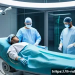 로봇 인간 로봇 상호작용 - A futuristic hospital operating room scene featuring a sleek AI-assisted surgical robot collaboratin...