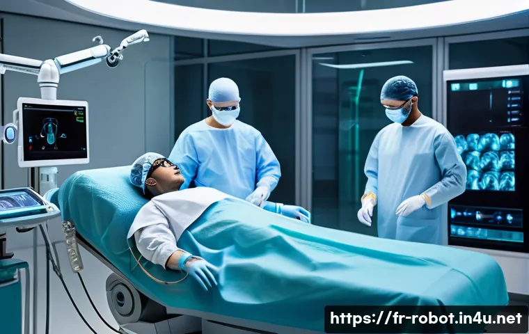 로봇 인간 로봇 상호작용 - A futuristic hospital operating room scene featuring a sleek AI-assisted surgical robot collaboratin...