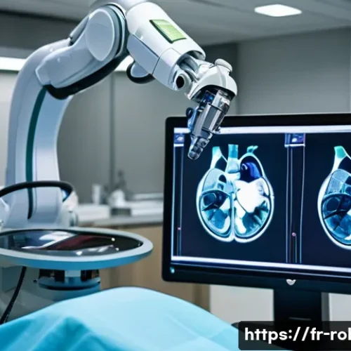 Home 33 로봇 기반 원격 의료 기술 - A high-tech surgical room featuring a robotic arm performing minimally invasive heart surgery on a p...