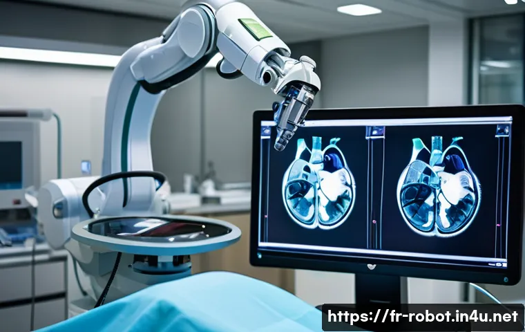 로봇 기반 원격 의료 기술 - A high-tech surgical room featuring a robotic arm performing minimally invasive heart surgery on a p...