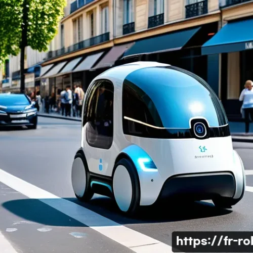 Home 31 로봇과 법률 - A futuristic urban street scene featuring a sleek autonomous delivery robot navigating among pedestr...
