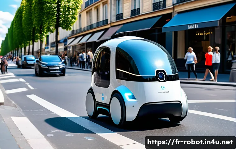 로봇과 법률 - A futuristic urban street scene featuring a sleek autonomous delivery robot navigating among pedestr...