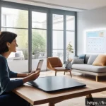Home 18 로봇공학 주요 개념 - A modern French living room scene featuring a middle-aged woman interacting naturally with a sleek, ...