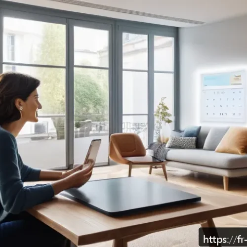 Home 30 로봇공학 주요 개념 - A modern French living room scene featuring a middle-aged woman interacting naturally with a sleek, ...