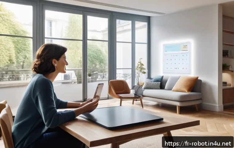 로봇공학 주요 개념 - A modern French living room scene featuring a middle-aged woman interacting naturally with a sleek, ...