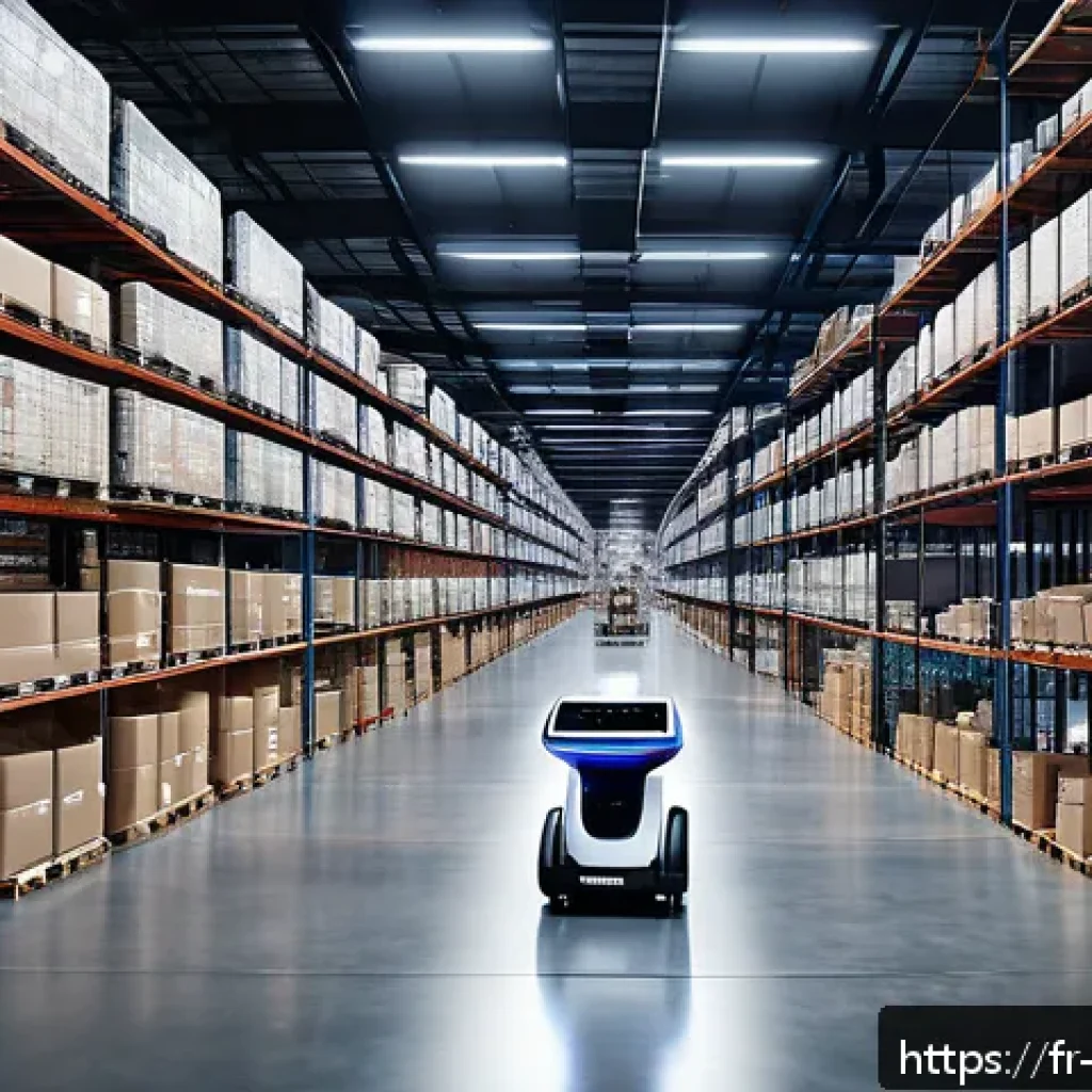 로봇 경로 계획 - A futuristic warehouse interior bustling with autonomous robots navigating smoothly among tall shelv...