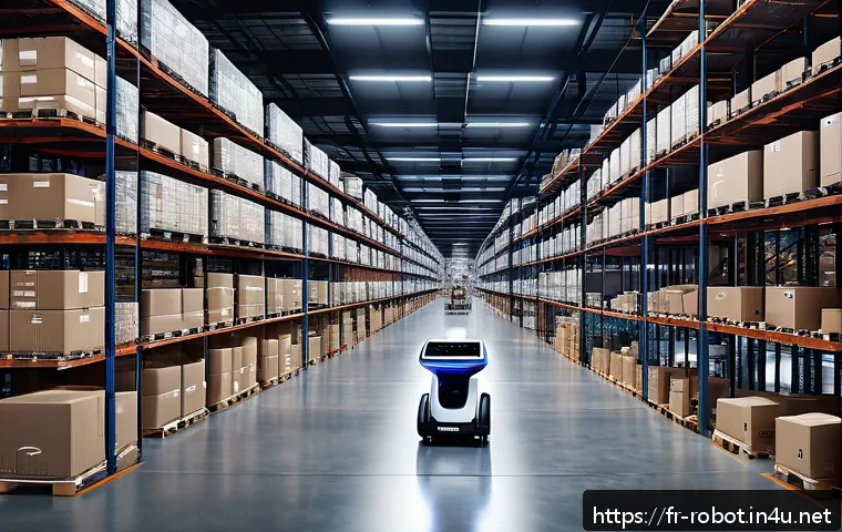 로봇 경로 계획 - A futuristic warehouse interior bustling with autonomous robots navigating smoothly among tall shelv...