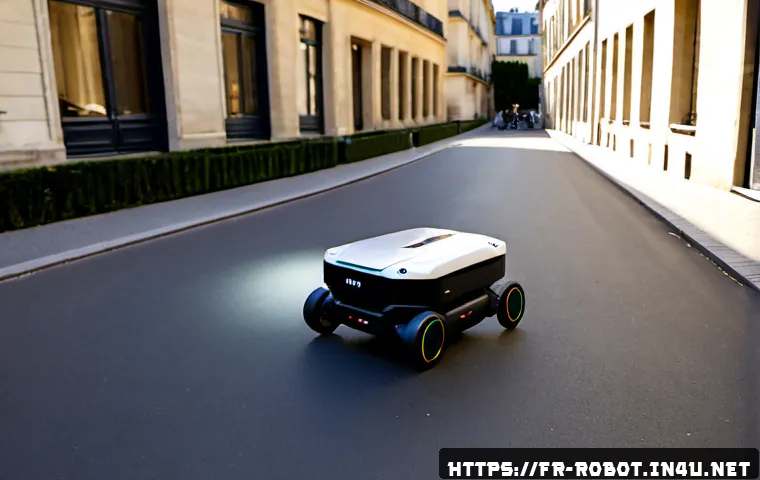 로봇과 무인 드론 기술 - Photorealistic autonomous delivery robot and compact quadcopter drone working together on a quiet Pa...